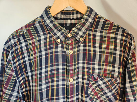 1990s Fred Perry Warm Brushed Cotton Blue Checked Shirt L