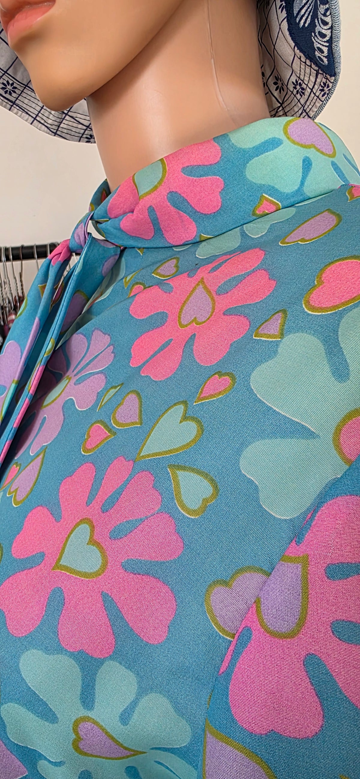 1960s Handmade Blue & Pink Floral Day Dress sz18/20