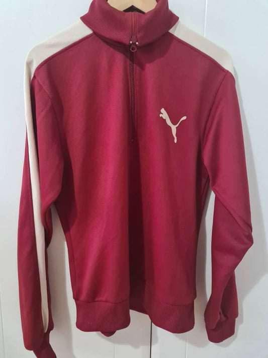 90s Puma Oversized Burgundy Funnel Neck Half Zip Front Sweatshirt with Large Back Logo M
