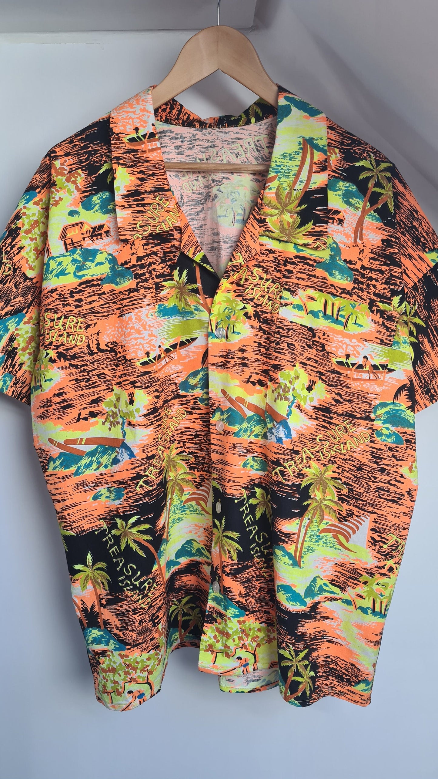 Vintage 1980s Bold Orange and Yellow Treasure Island Print Short Sleeved Hawaiian Shirt XXL