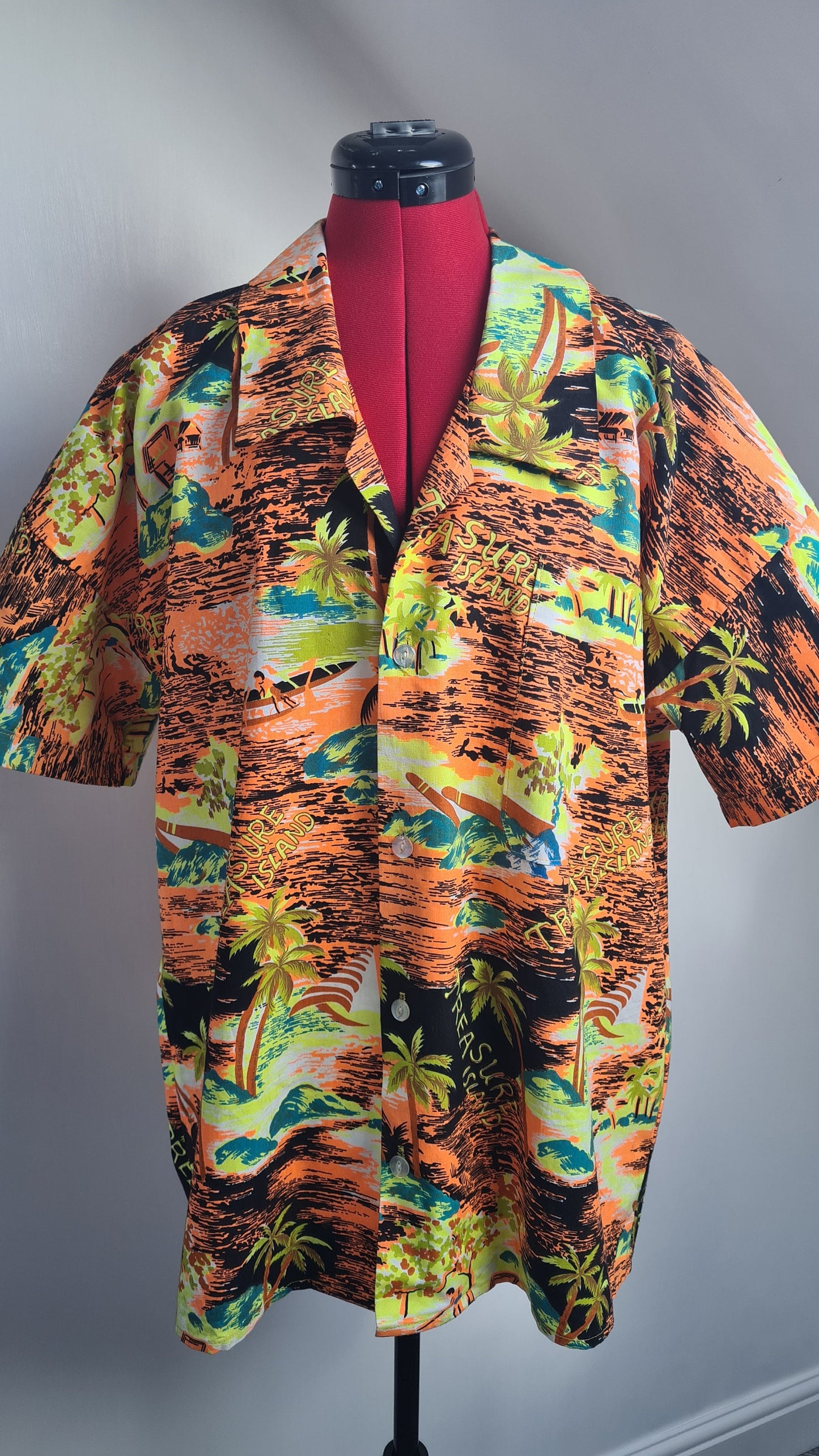 Vintage 1980s Bold Orange and Yellow Treasure Island Print Short Sleeved Hawaiian Shirt XXL