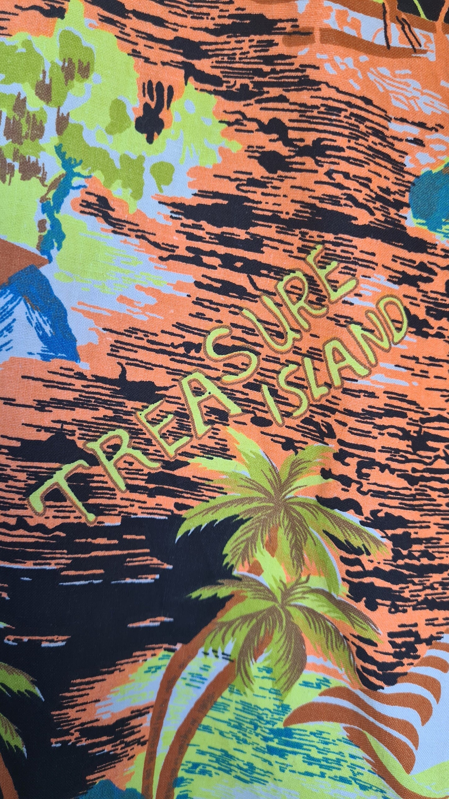 Vintage 1980s Bold Orange and Yellow Treasure Island Print Short Sleeved Hawaiian Shirt XXL