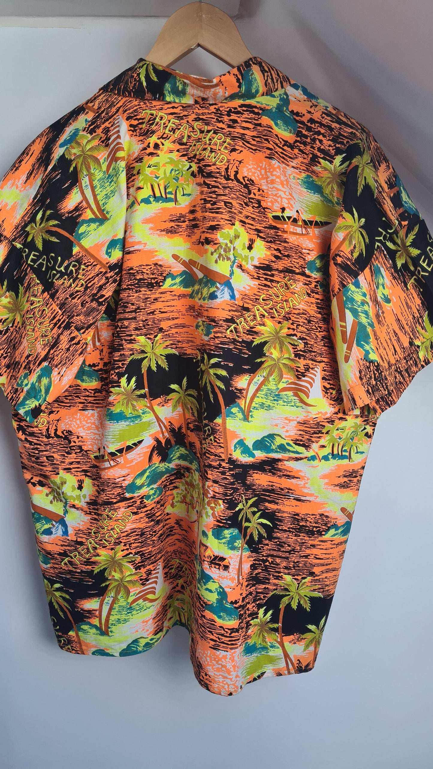 Vintage 1980s Bold Orange and Yellow Treasure Island Print Short Sleeved Hawaiian Shirt XXL