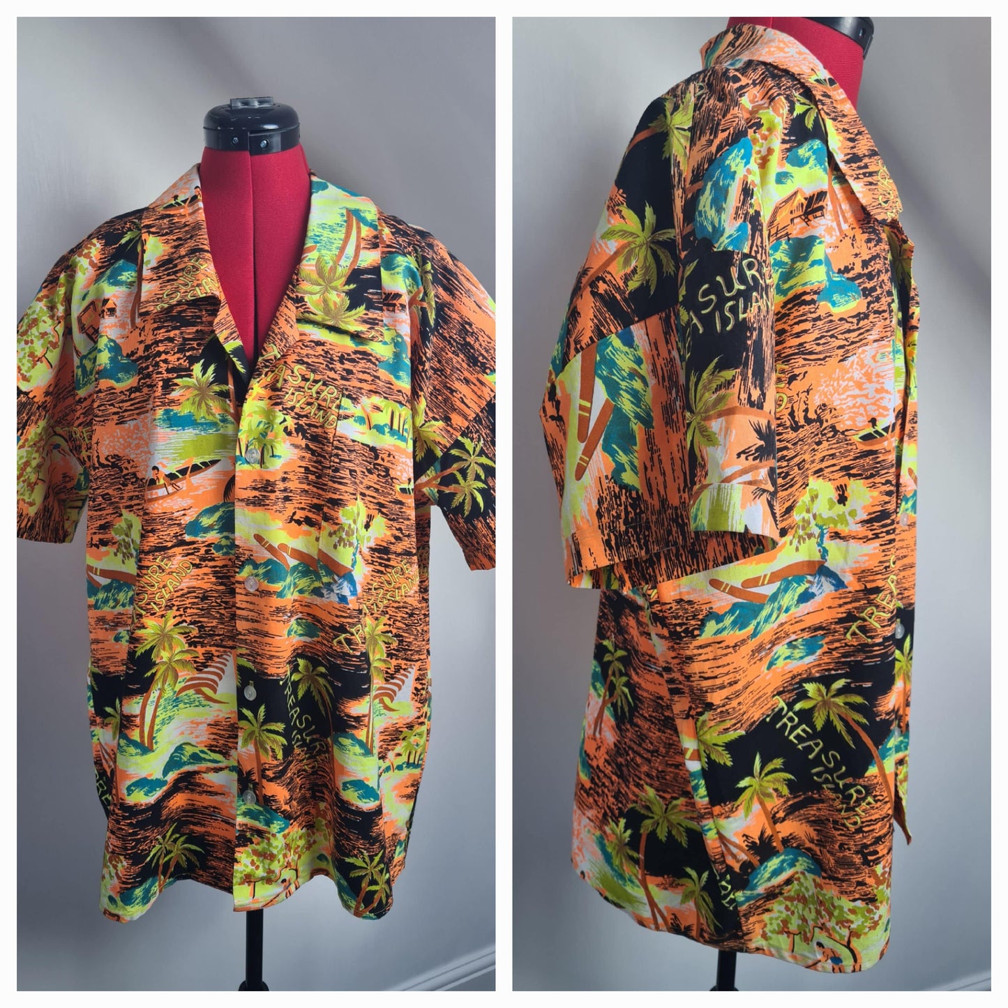Vintage 1980s Bold Orange and Yellow Treasure Island Print Short Sleeved Hawaiian Shirt XXL