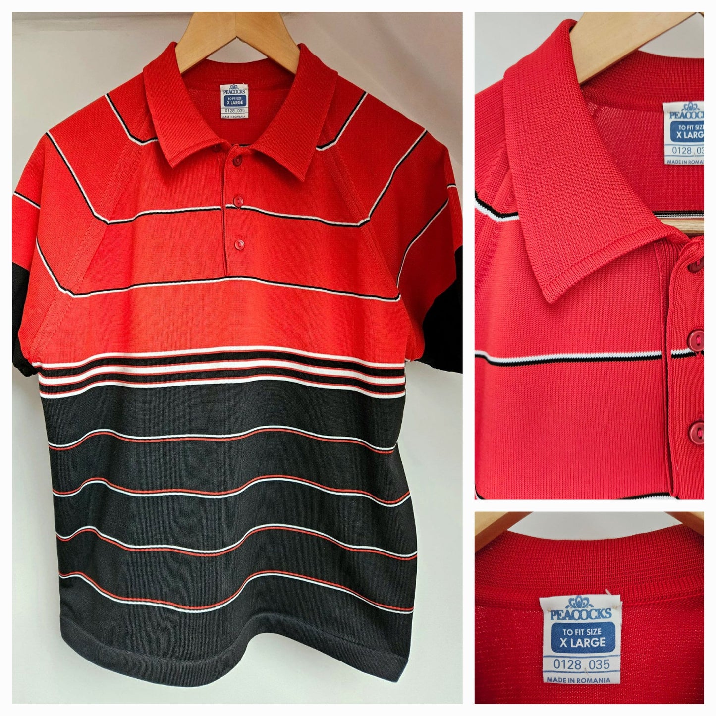 Vintage 1980s Red & Black Striped Short Sleeved Jumper XL