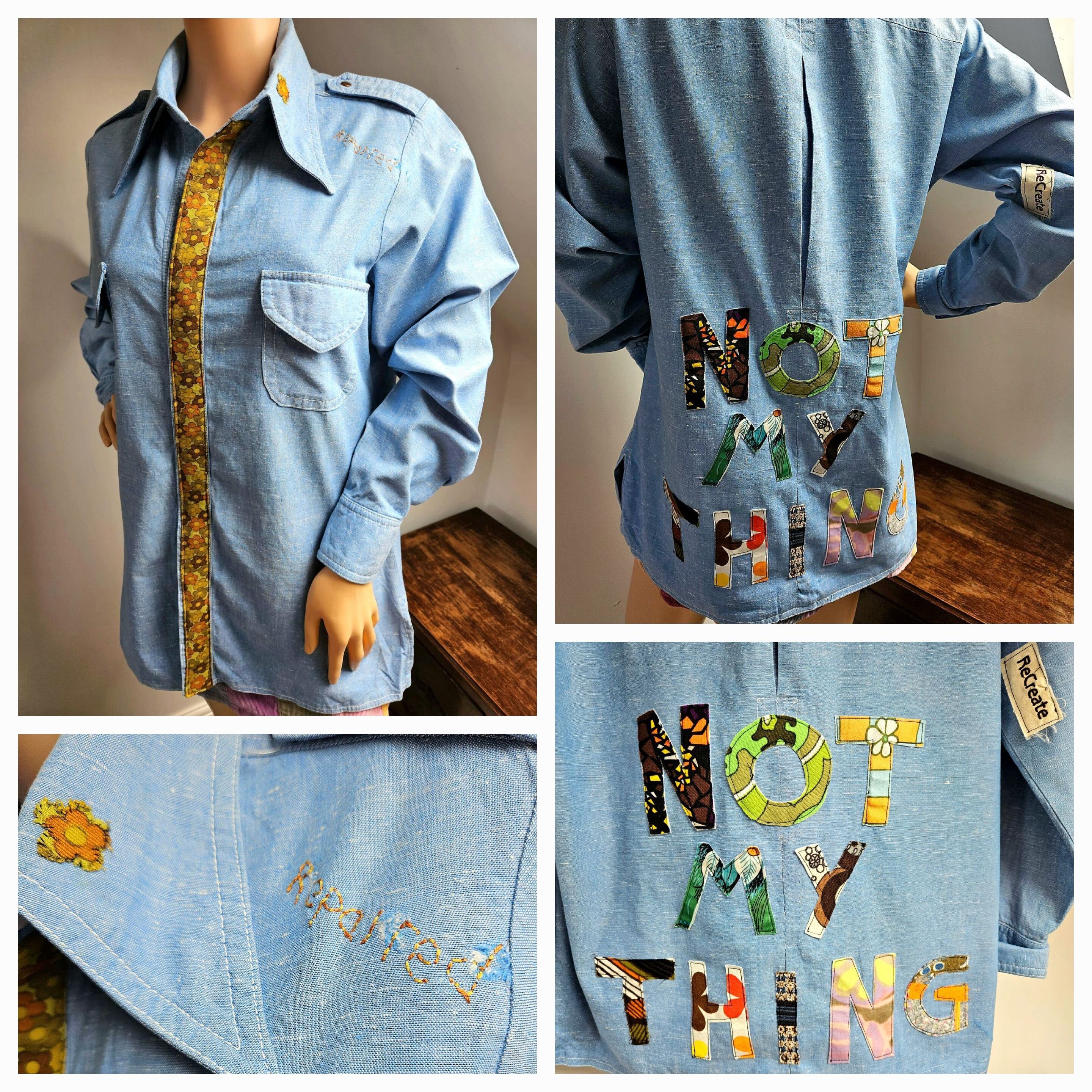 Reworked Vintage Denim Look Shirt with Applique Slogan M