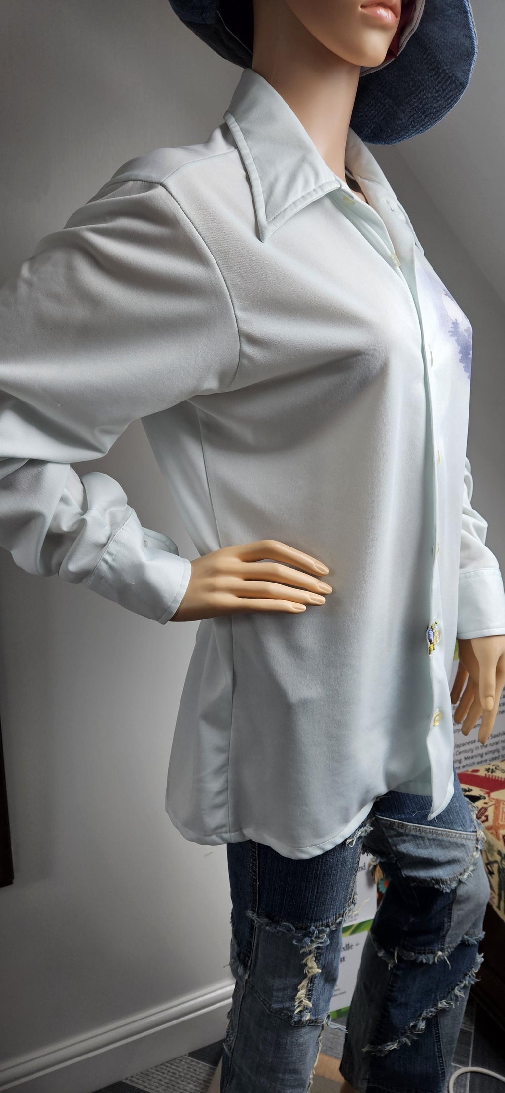 Vintage Picture Print Western Shirt with Butterfly Embroidery M