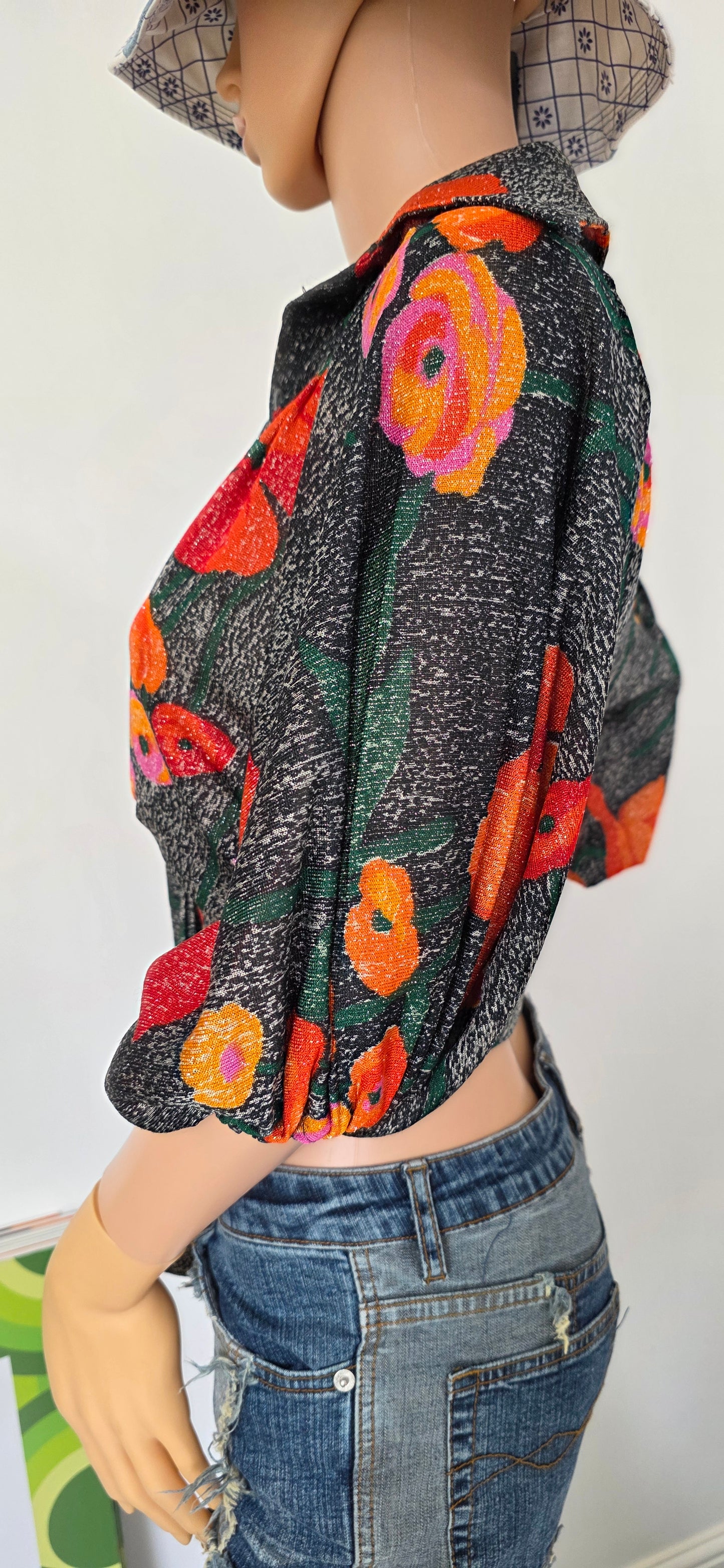 1970s Glitter Crop Blouse M