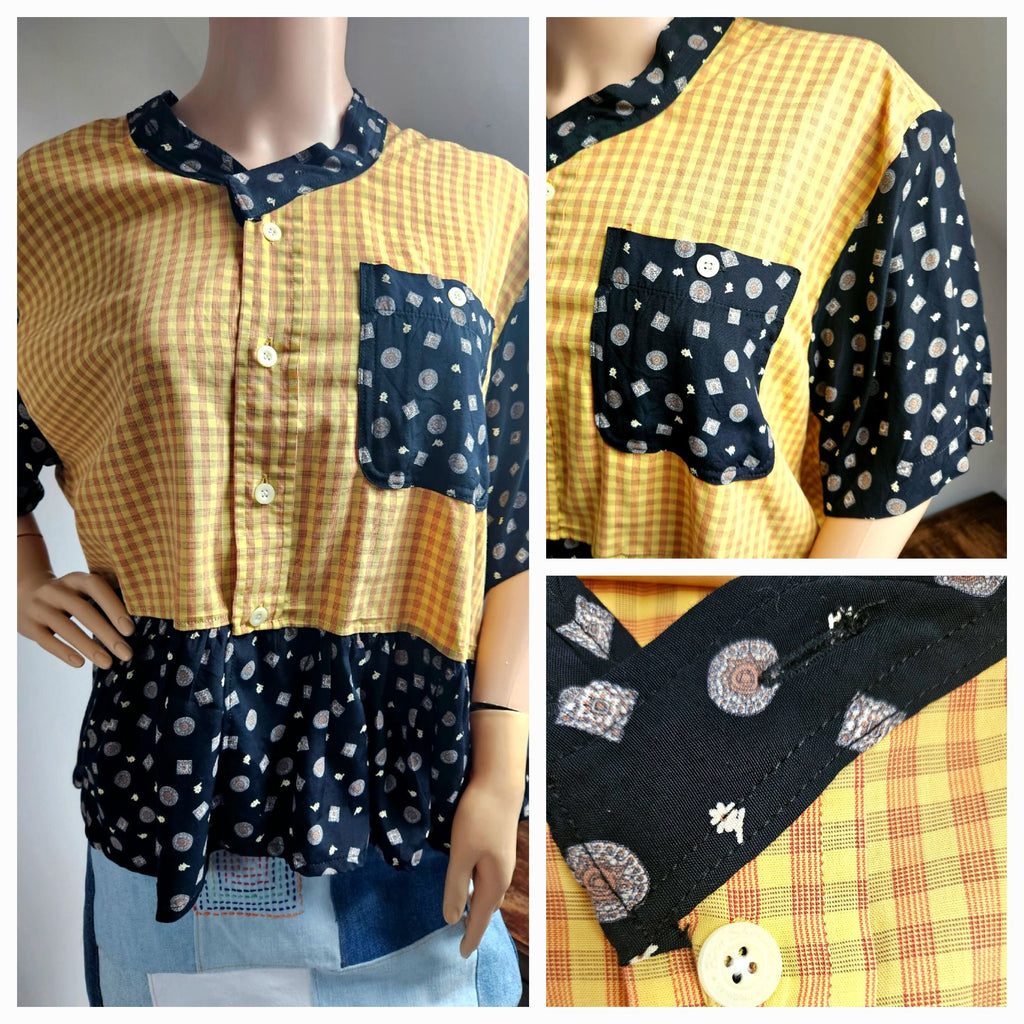 Reworked Shorts Sleeved Yellow and Black Shirt with Flounce L