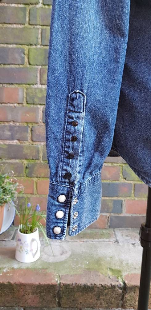 Reworked Levi Denim Shirt Sequined Fashion Killer Slogan M