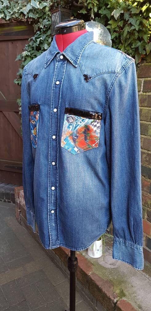 Reworked Levi Denim Shirt Sequined Fashion Killer Slogan M