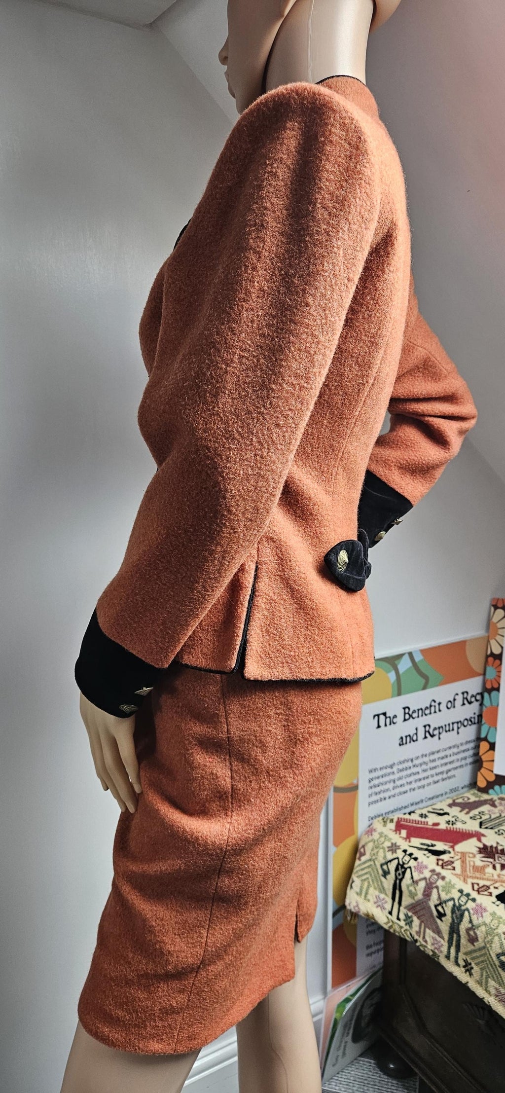 Vintage Salmon Pink Wool Two Piece Skirt & Jacket Suit S