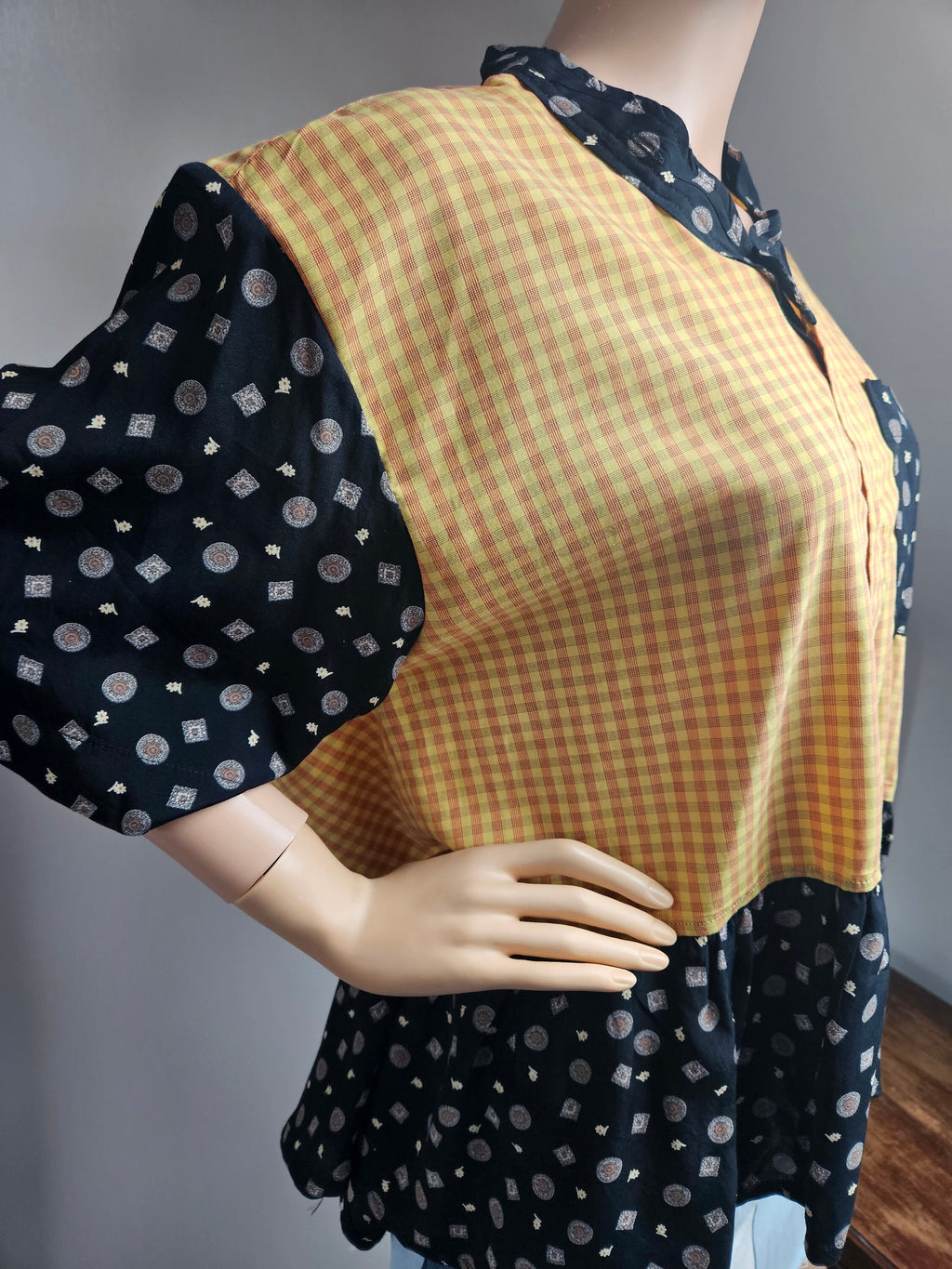 Reworked Shorts Sleeved Yellow and Black Shirt with Flounce L