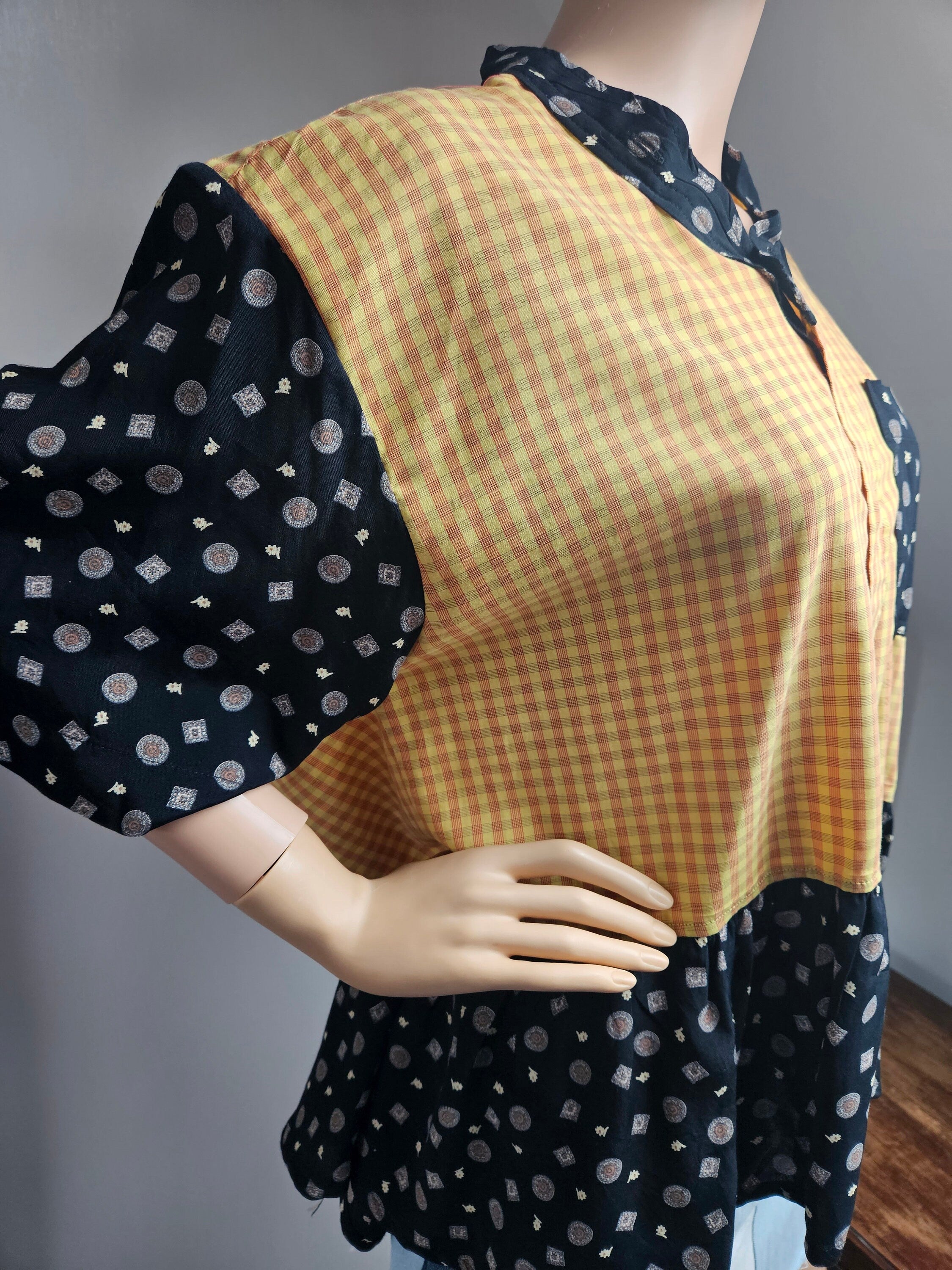 Reworked Shorts Sleeved Yellow and Black Shirt with Flounce L