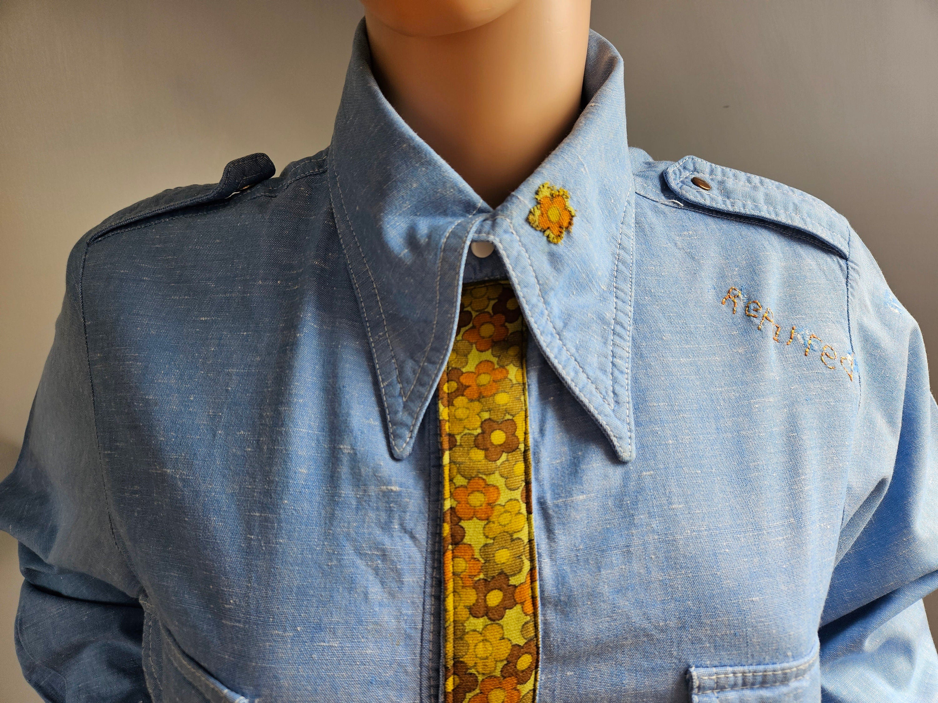 Reworked Vintage Denim Look Shirt with Applique Slogan M