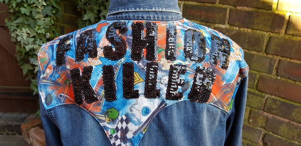 Reworked Levi Denim Shirt Sequined Fashion Killer Slogan M