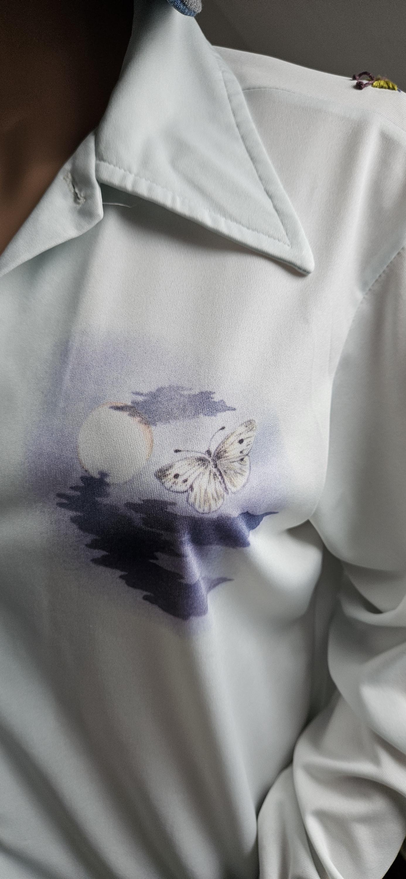 Vintage Picture Print Western Shirt with Butterfly Embroidery M