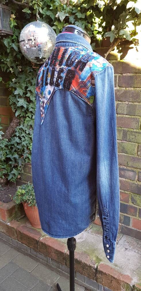 Reworked Levi Denim Shirt Sequined Fashion Killer Slogan M