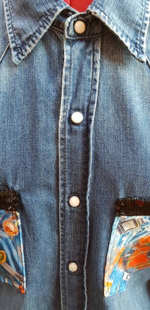 Reworked Levi Denim Shirt Sequined Fashion Killer Slogan M