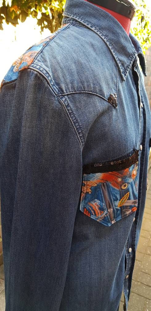 Reworked Levi Denim Shirt Sequined Fashion Killer Slogan M