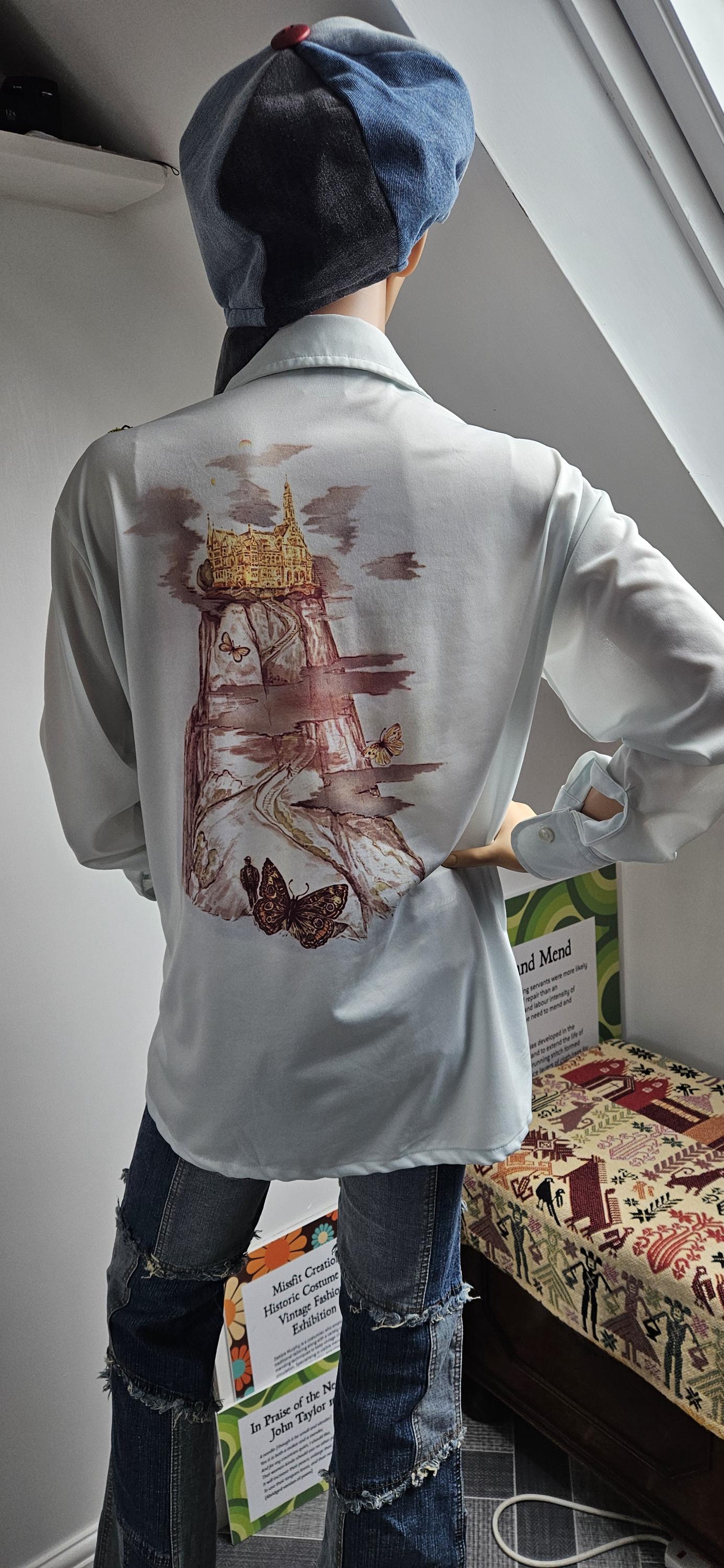 Vintage Picture Print Western Shirt with Butterfly Embroidery M