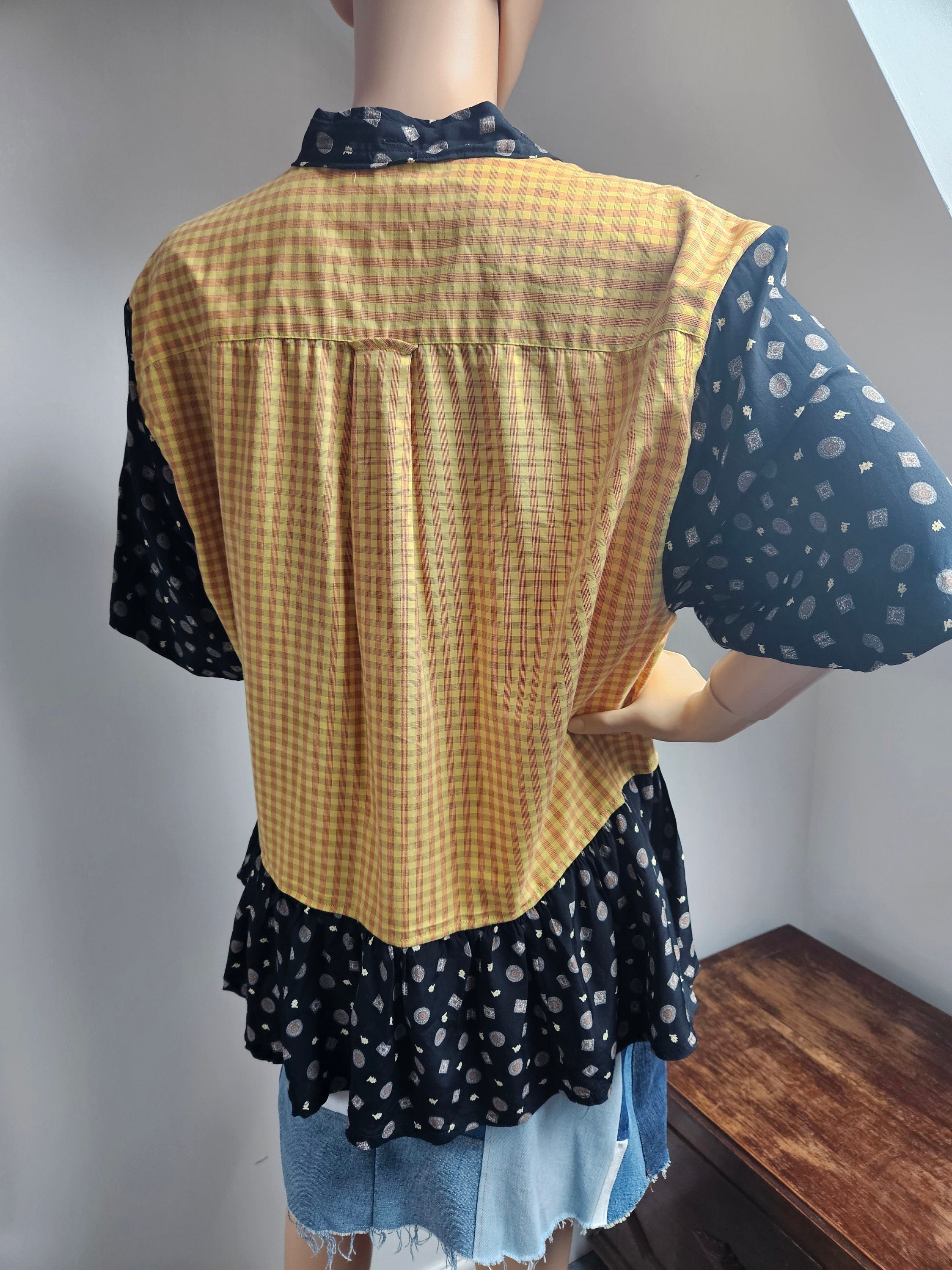Reworked Shorts Sleeved Yellow and Black Shirt with Flounce L