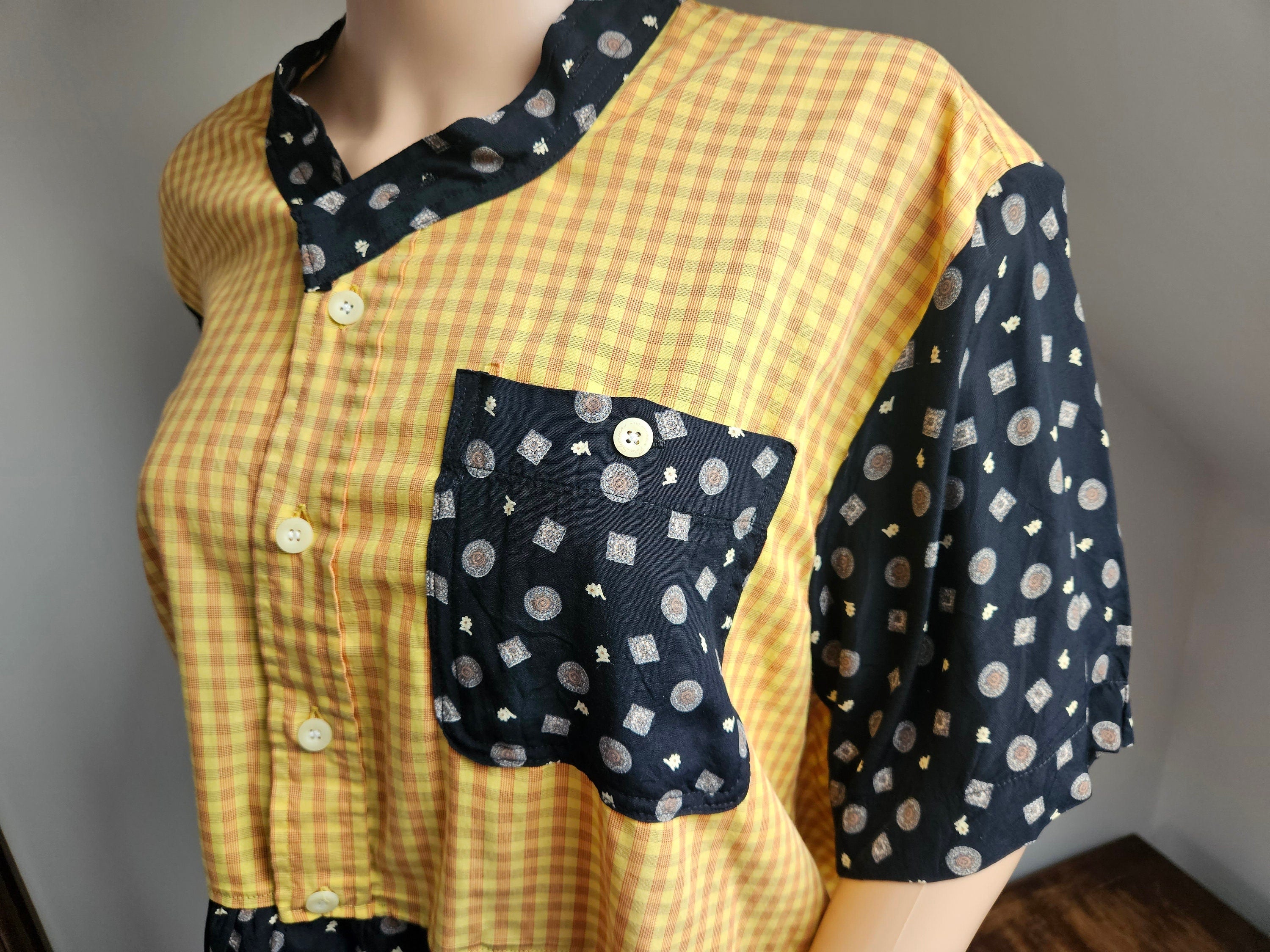 Reworked Shorts Sleeved Yellow and Black Shirt with Flounce L