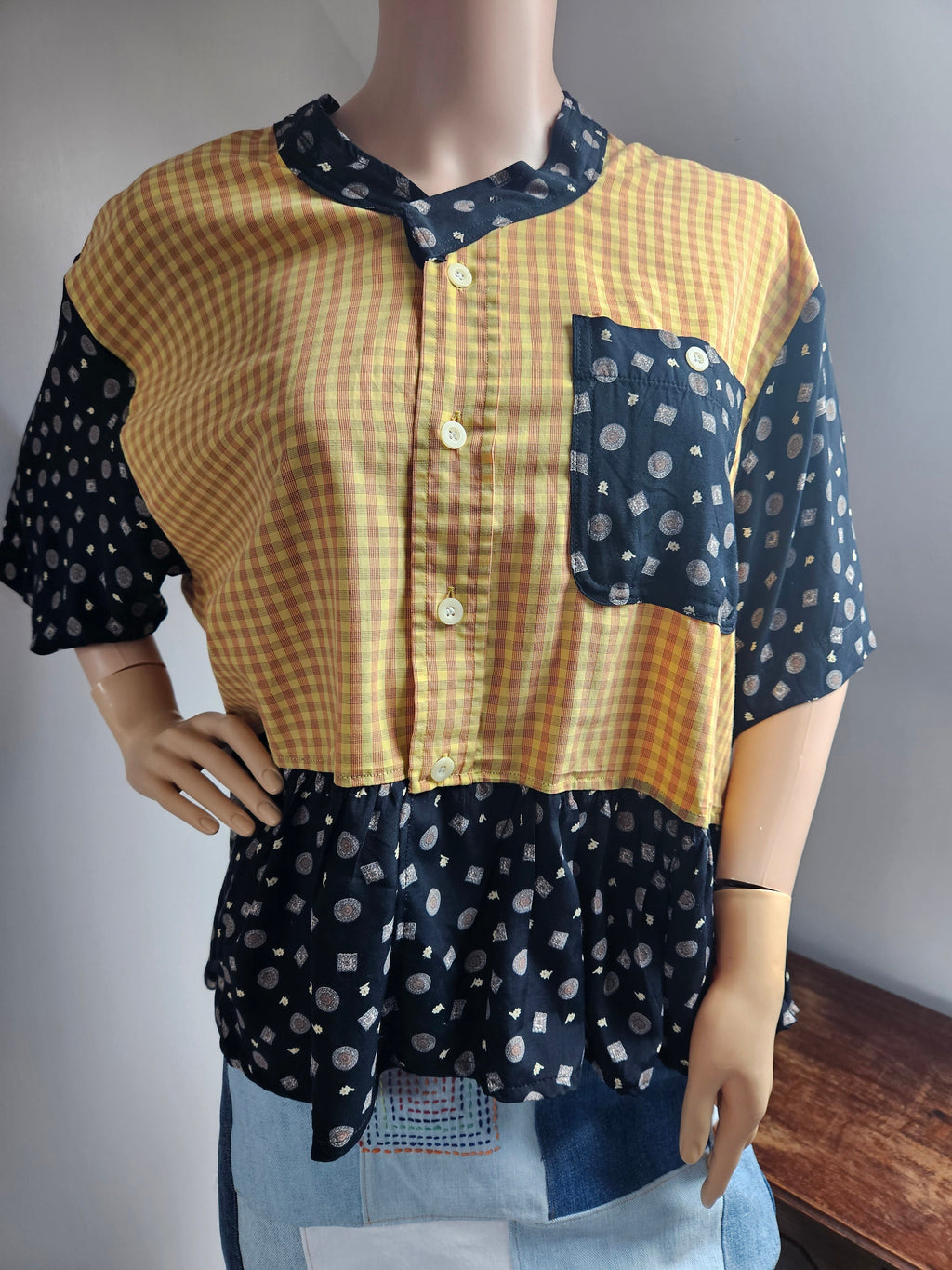 Reworked Shorts Sleeved Yellow and Black Shirt with Flounce L
