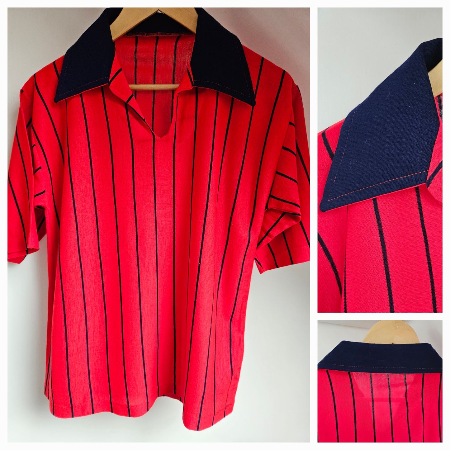 Vintage 1970s Red & Blue Pinstriped Short Sleeved Collared Jumper M