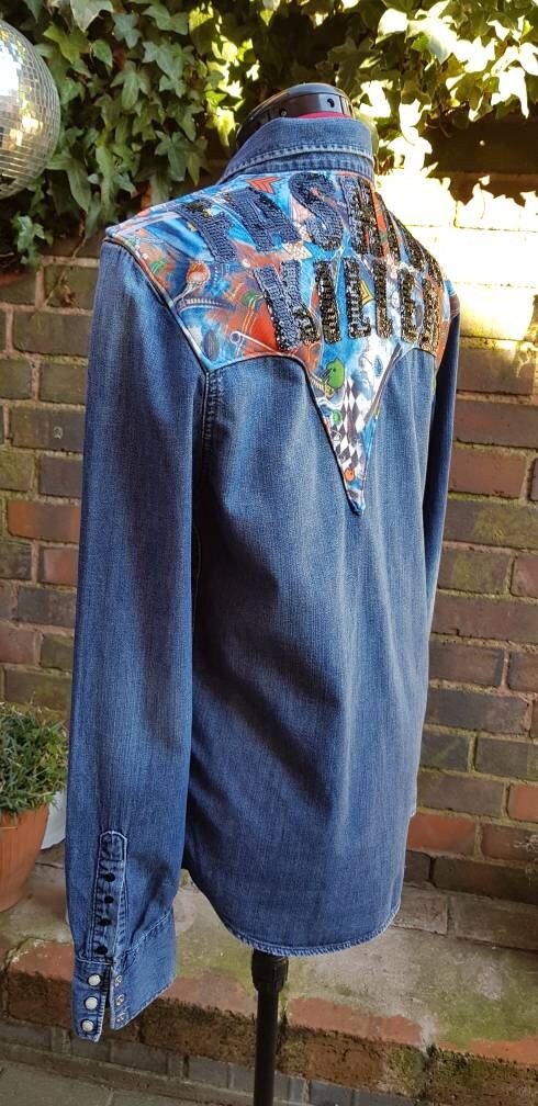 Reworked Levi Denim Shirt Sequined Fashion Killer Slogan M