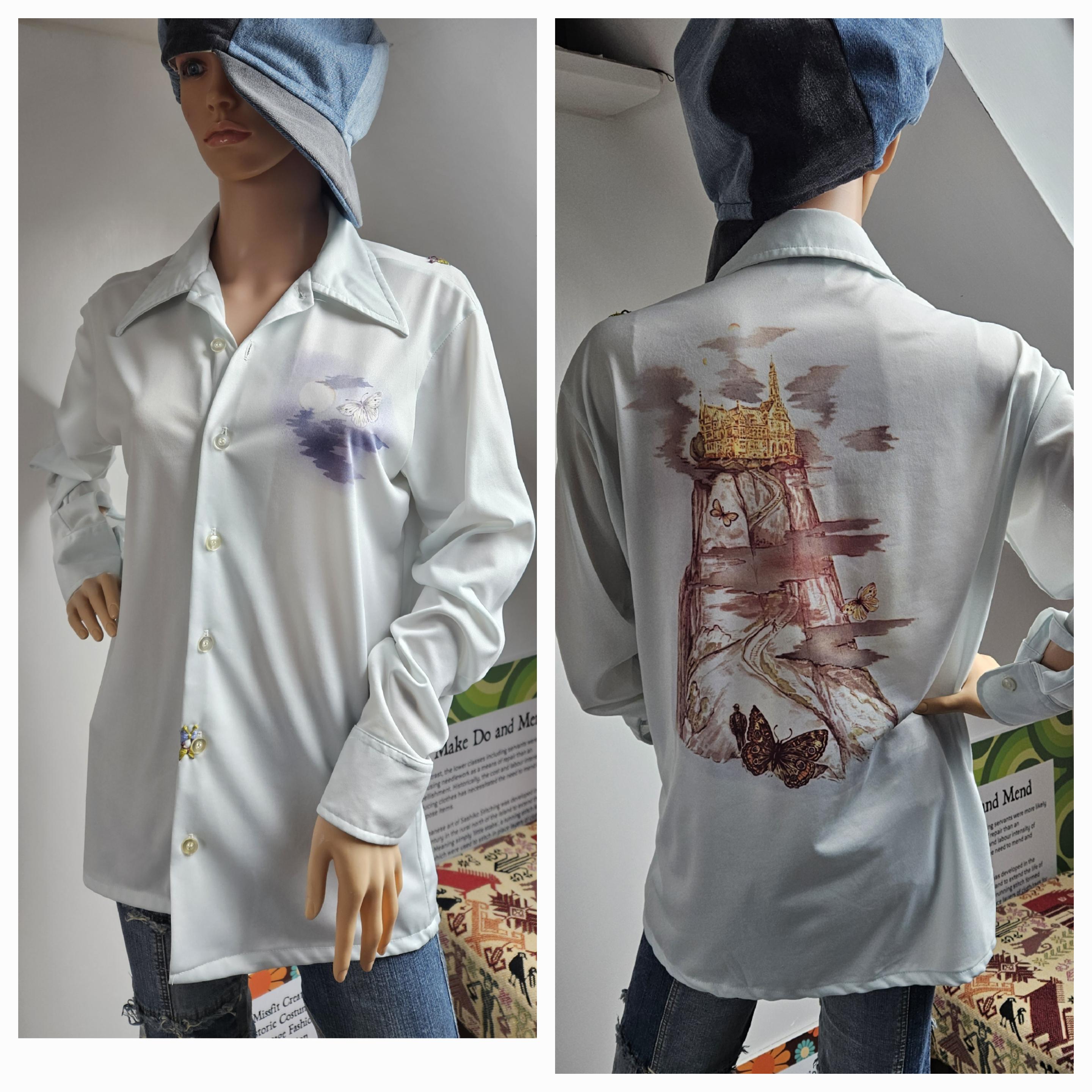 Vintage Picture Print Western Shirt with Butterfly Embroidery M