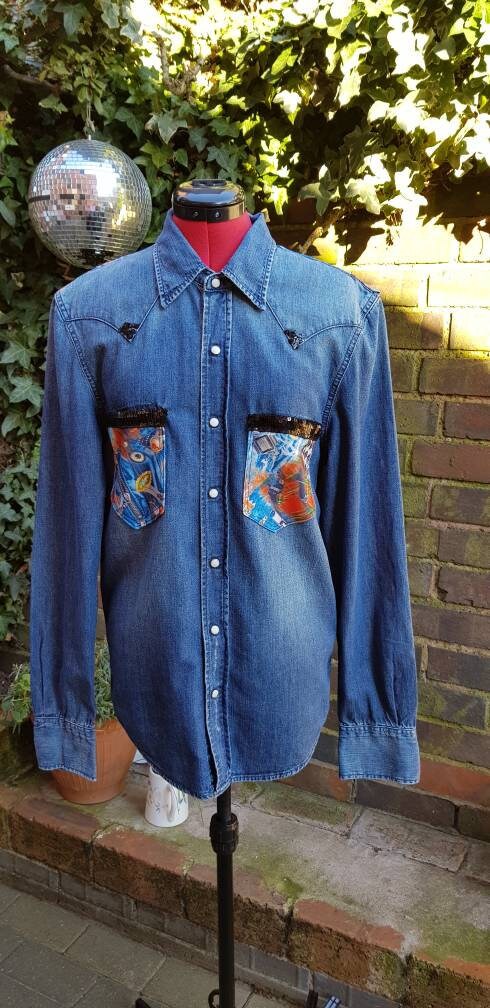 Reworked Levi Denim Shirt Sequined Fashion Killer Slogan M