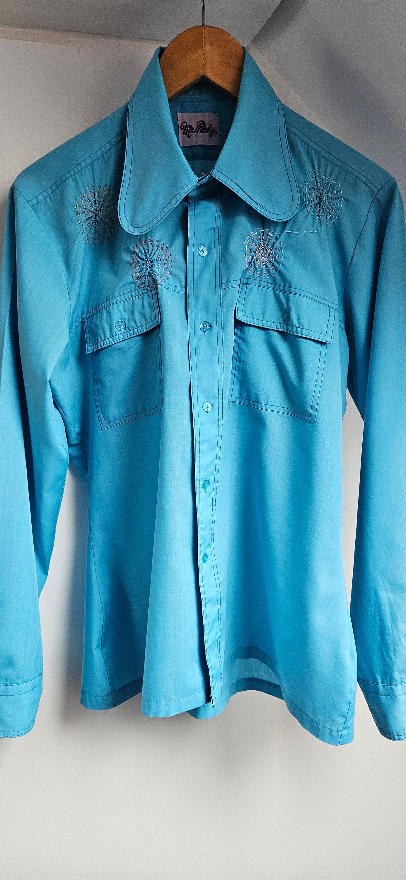 Vintage 1960's Bright Blue Shirt with Smocked Yolk Feature 42" chest