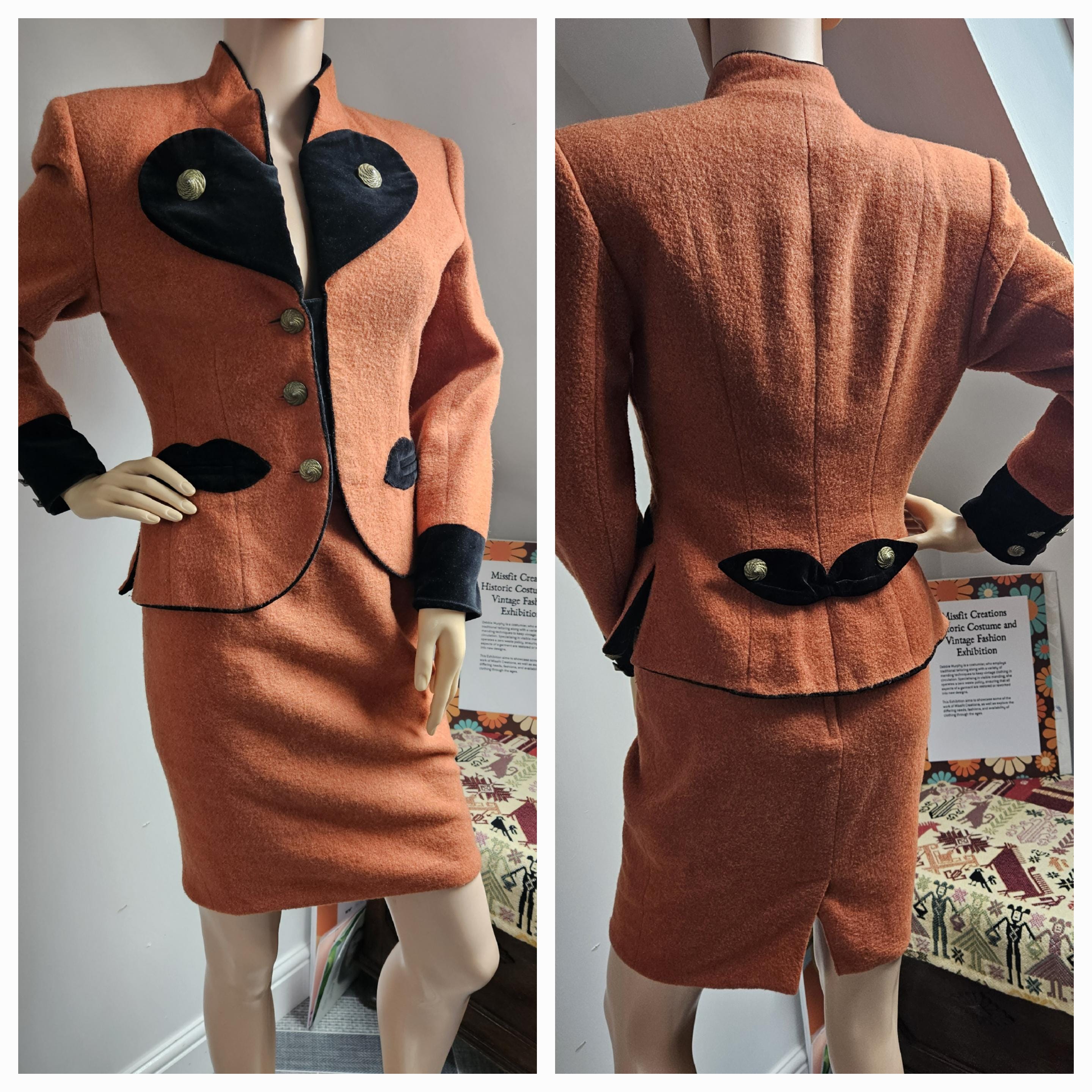 Vintage Salmon Pink Wool Two Piece Skirt & Jacket Suit S