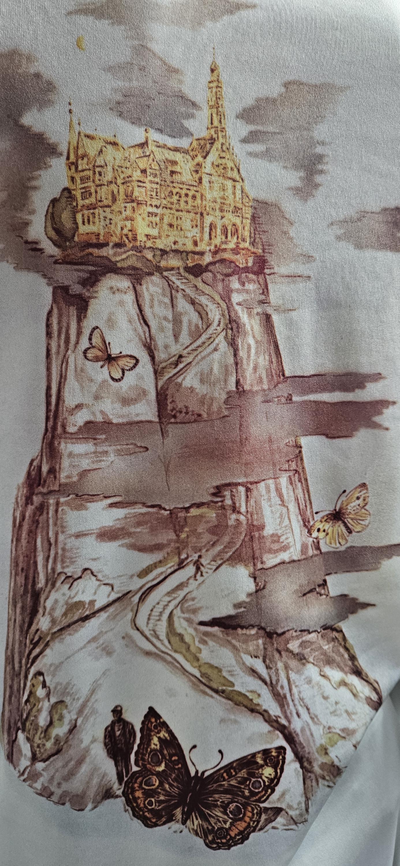 Vintage Picture Print Western Shirt with Butterfly Embroidery M