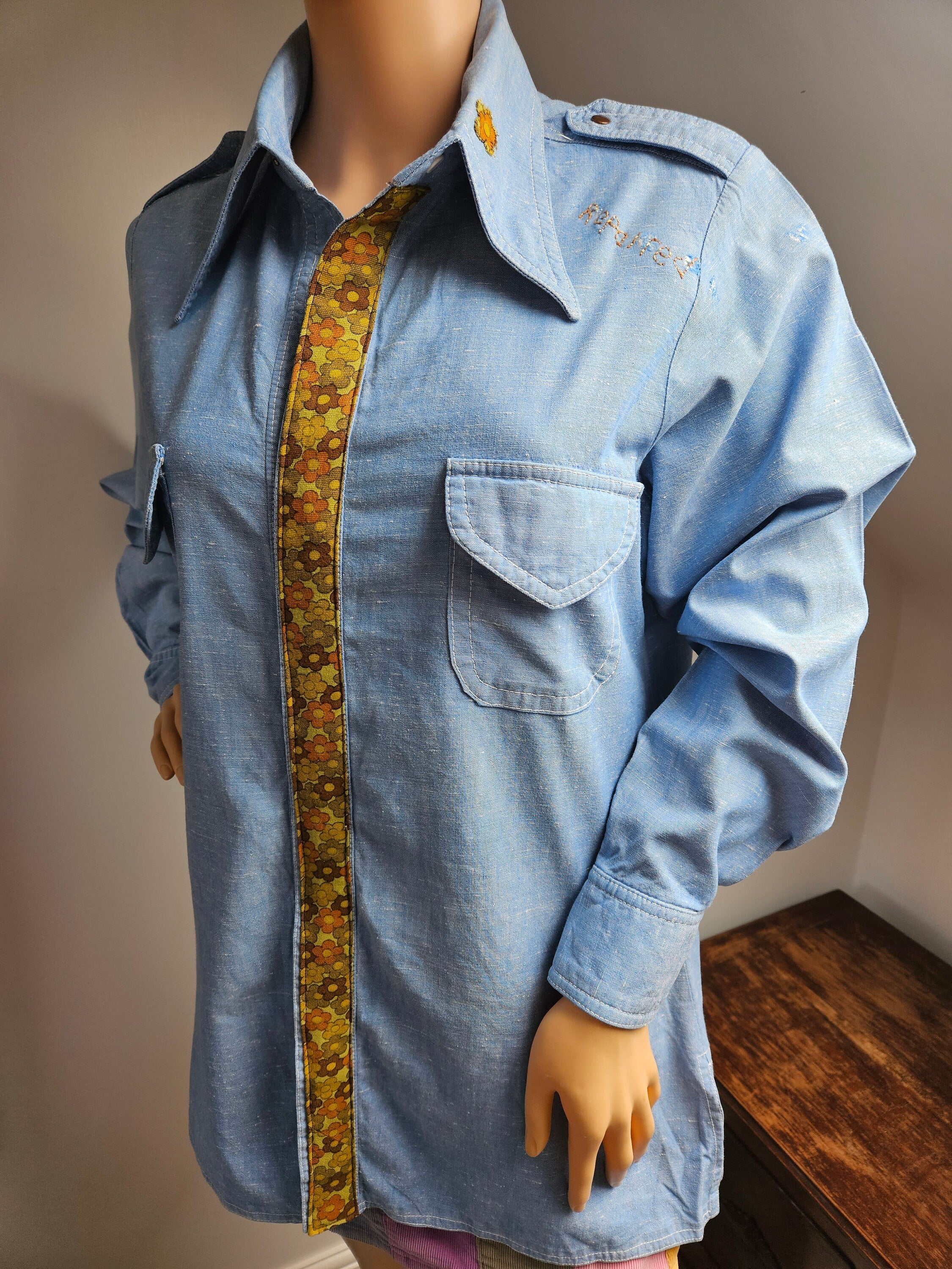 Reworked Vintage Denim Look Shirt with Applique Slogan M