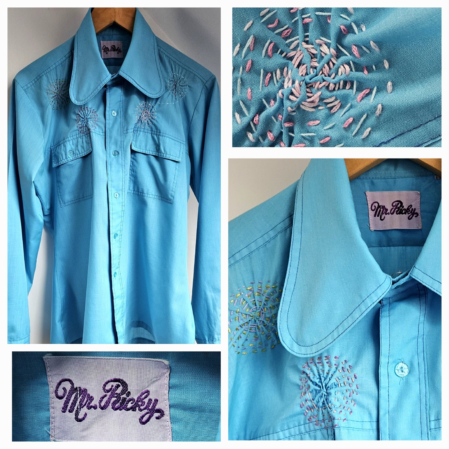 Vintage 1960's Bright Blue Shirt with Smocked Yolk Feature 42" chest