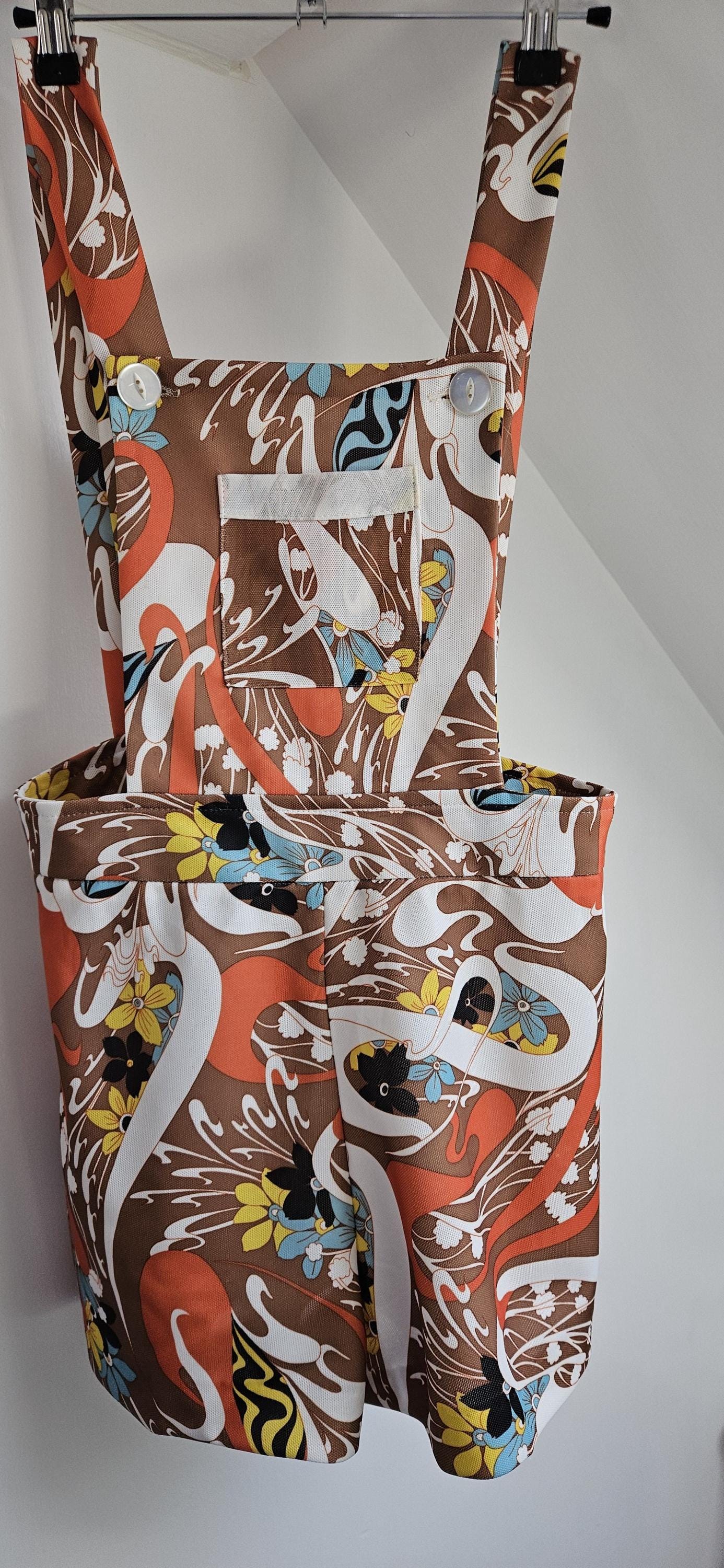 1960s Bold Floral Patterned Short Dungarees Romper UK 10/12