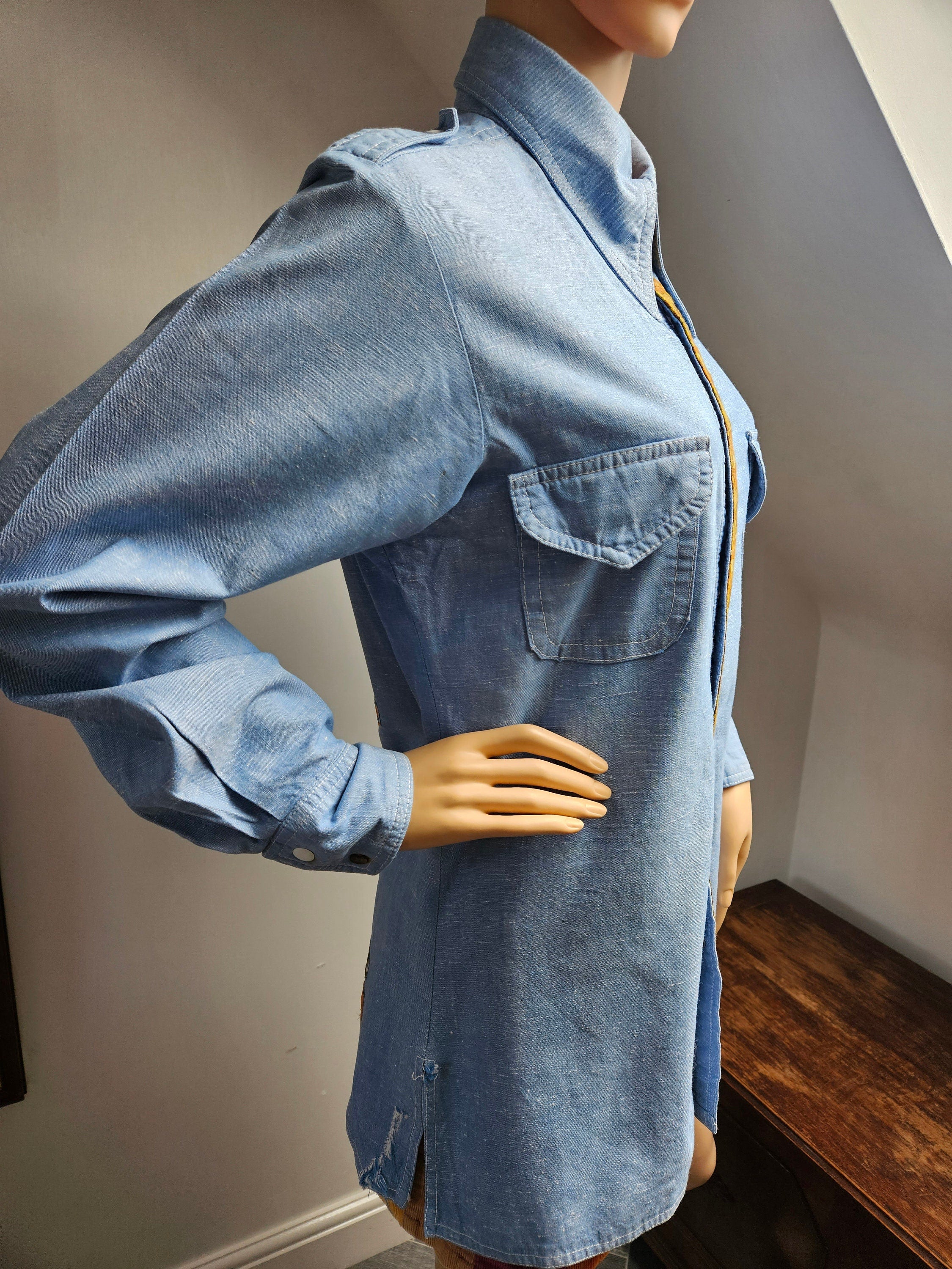Reworked Vintage Denim Look Shirt with Applique Slogan M