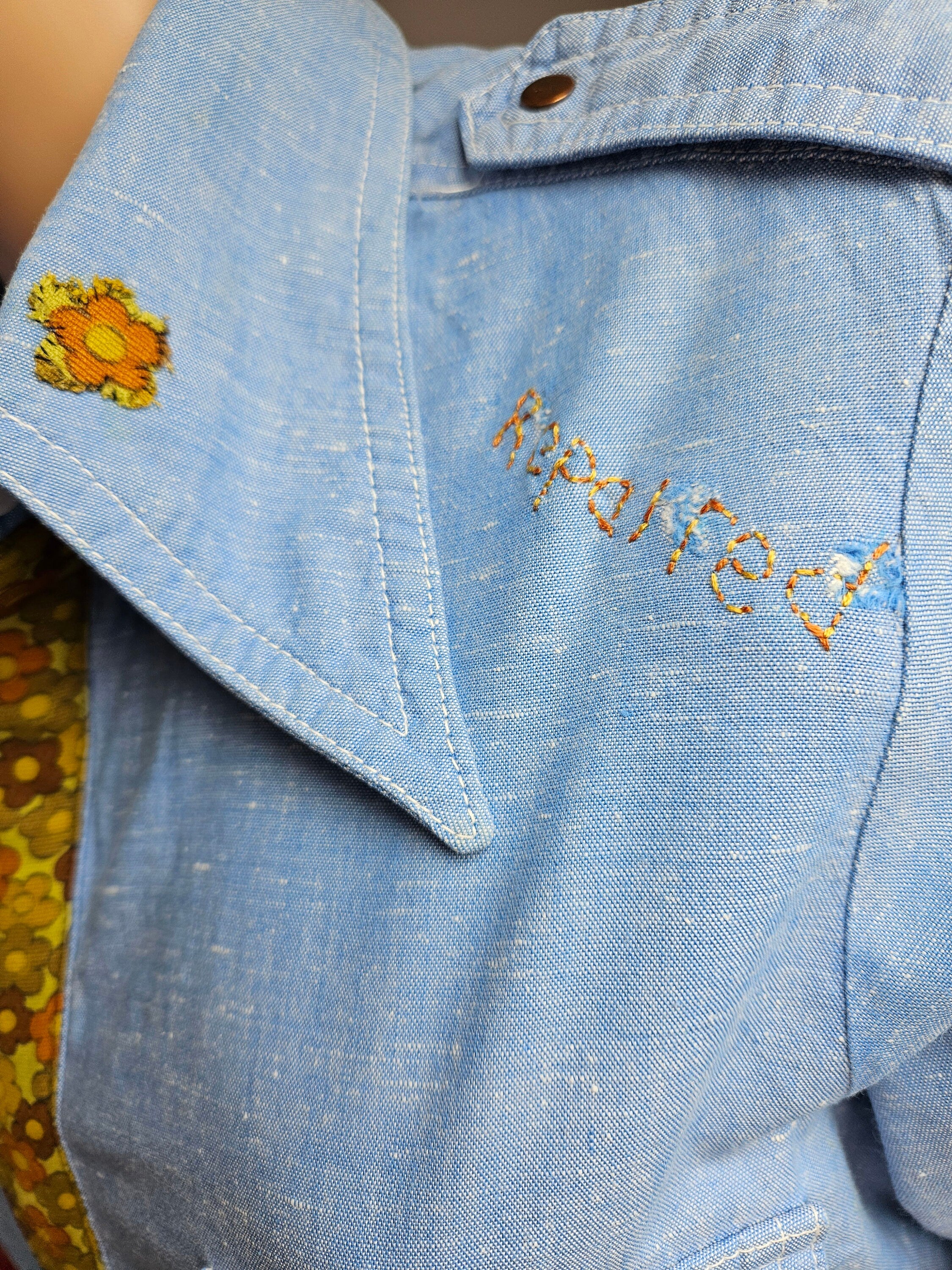 Reworked Vintage Denim Look Shirt with Applique Slogan M