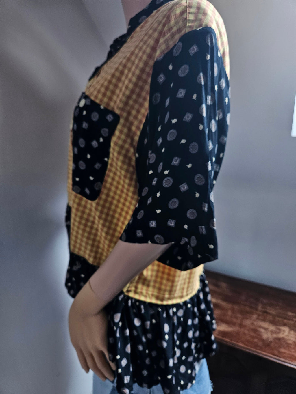 Reworked Shorts Sleeved Yellow and Black Shirt with Flounce L