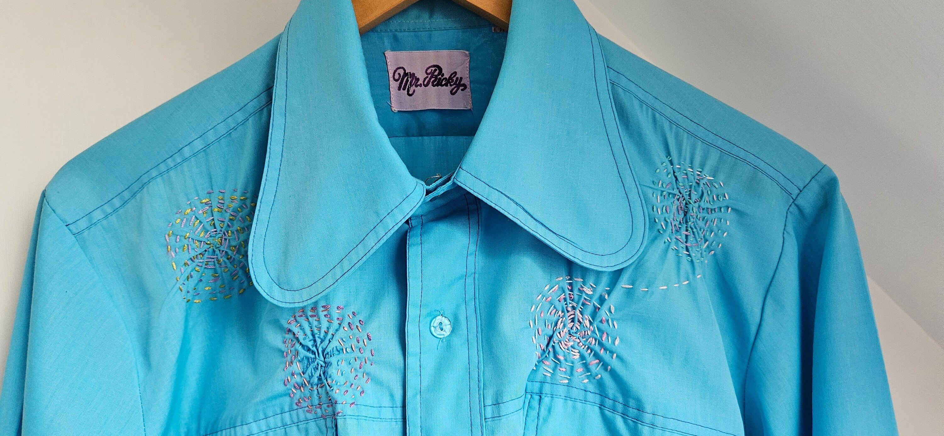 Vintage 1960's Bright Blue Shirt with Smocked Yolk Feature 42" chest