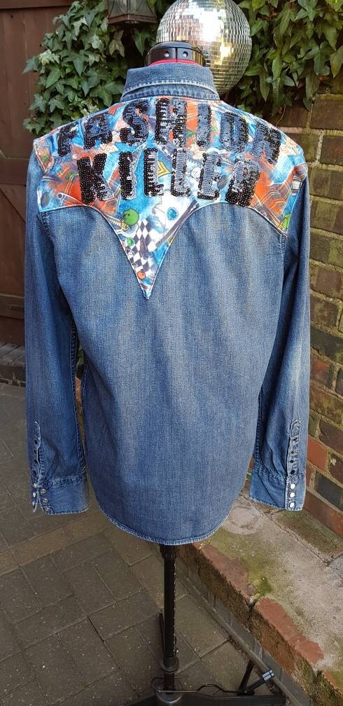 Reworked Levi Denim Shirt Sequined Fashion Killer Slogan M