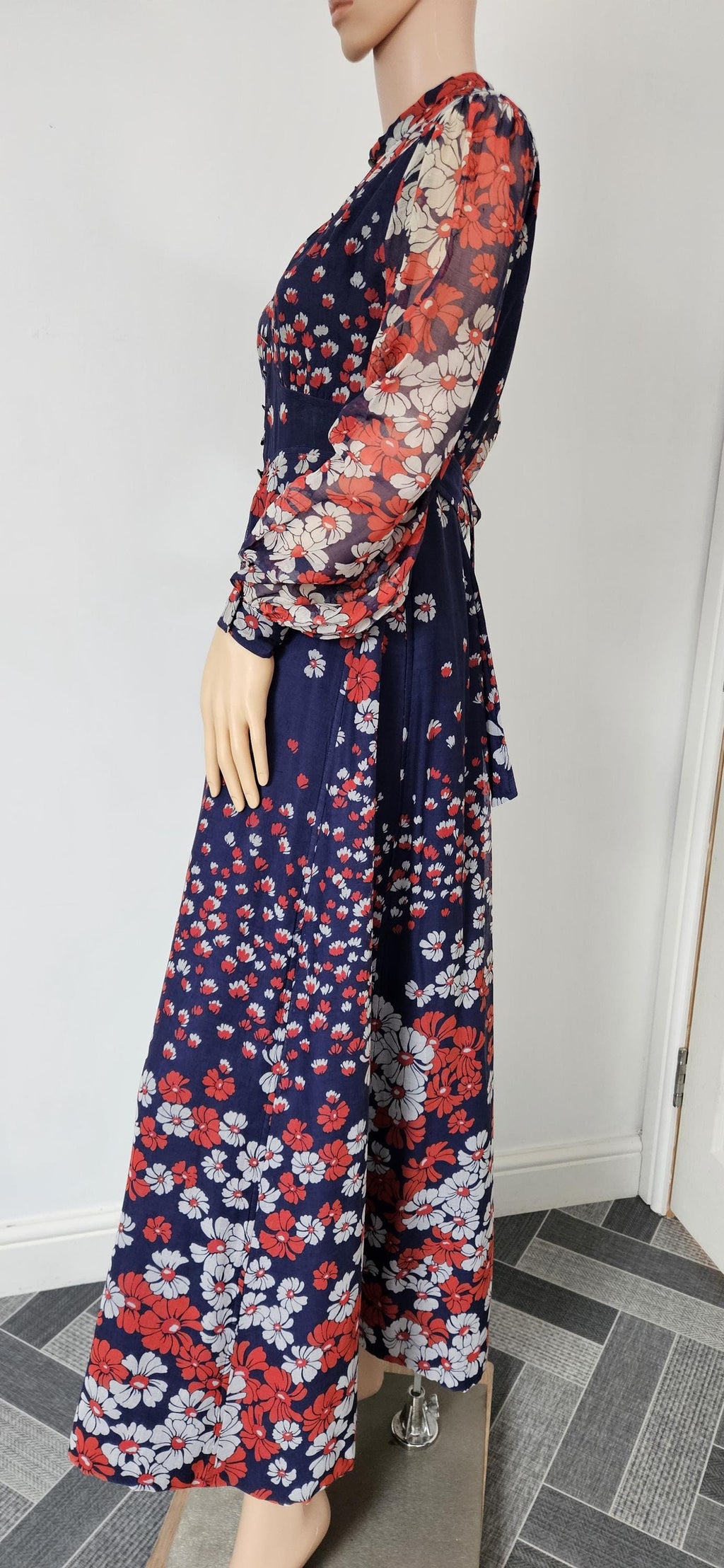 Vintage 1970s Blue Floral Maxi Dress Sz 10