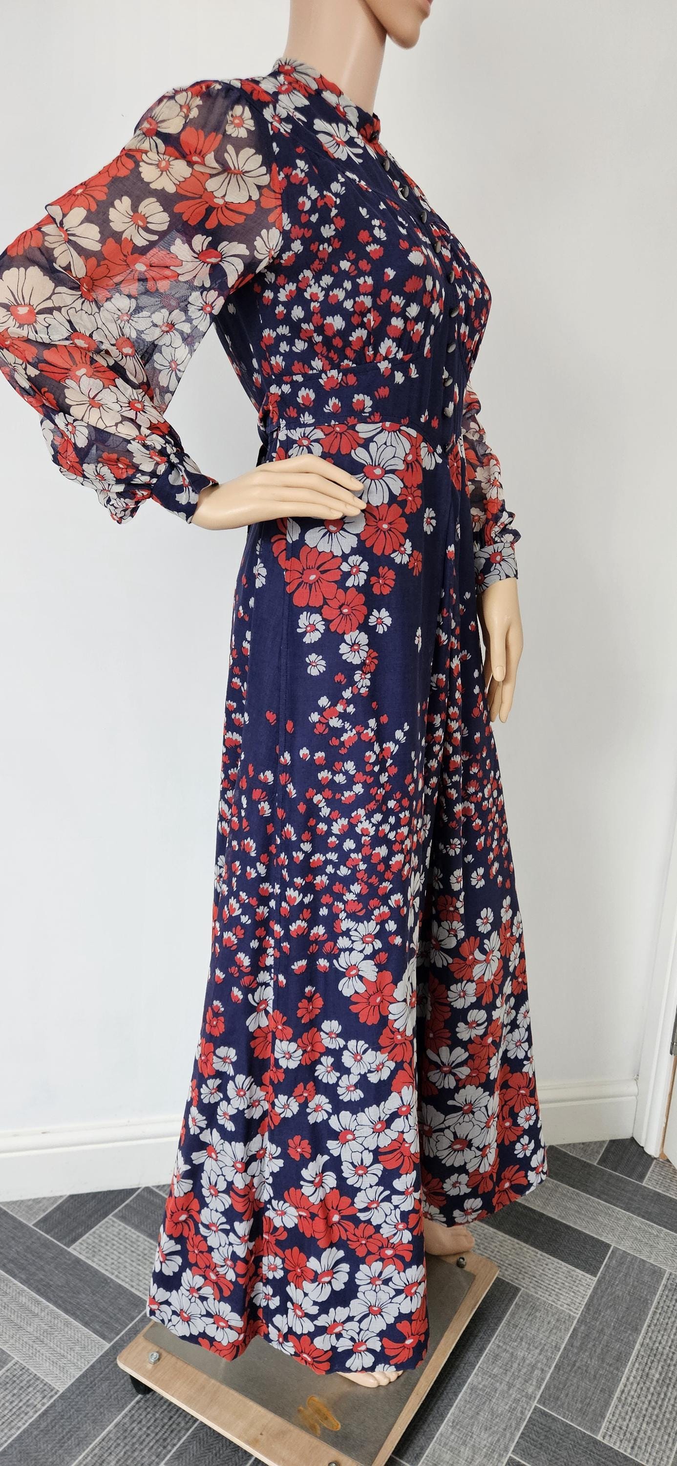 Vintage 1970s Blue Floral Maxi Dress Sz 10