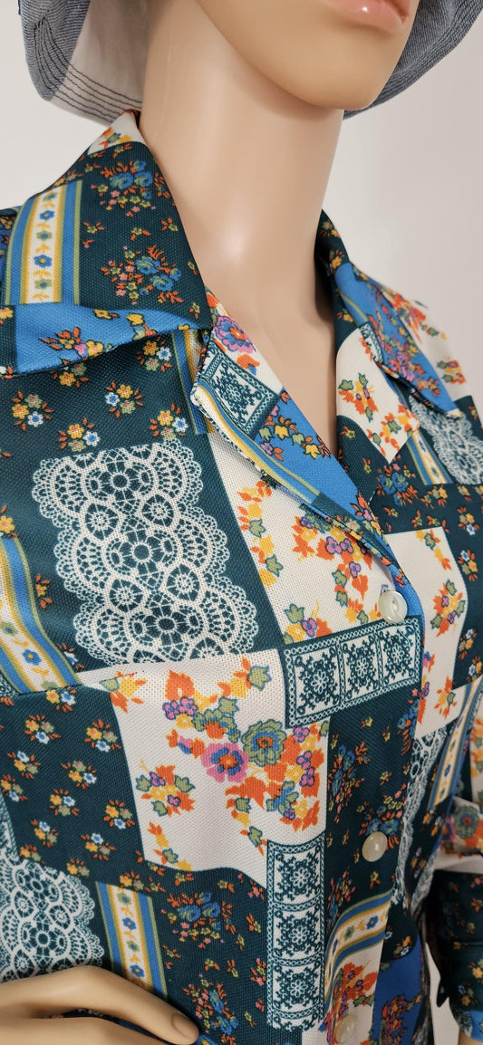 Vintage 1970s Green / Blue Floral Patchwork Print Tunic Sz 14