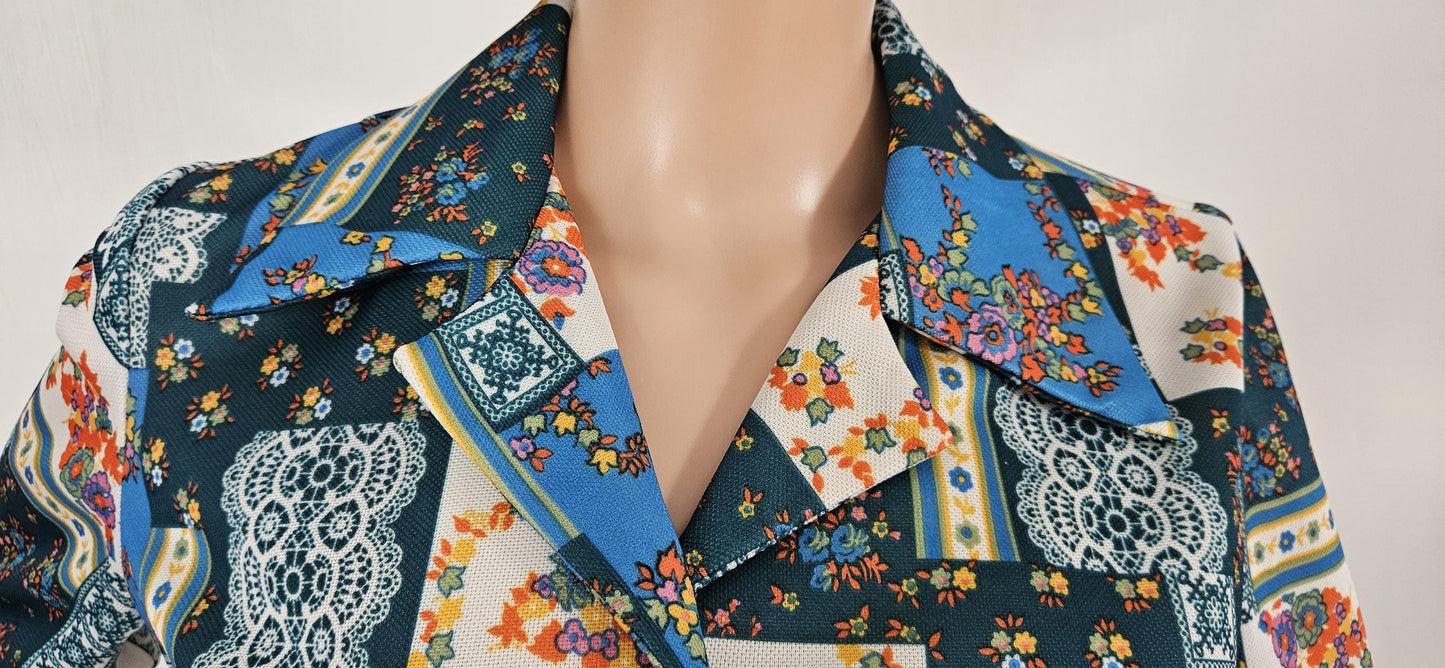 Vintage 1970s Green / Blue Floral Patchwork Print Tunic Sz 14