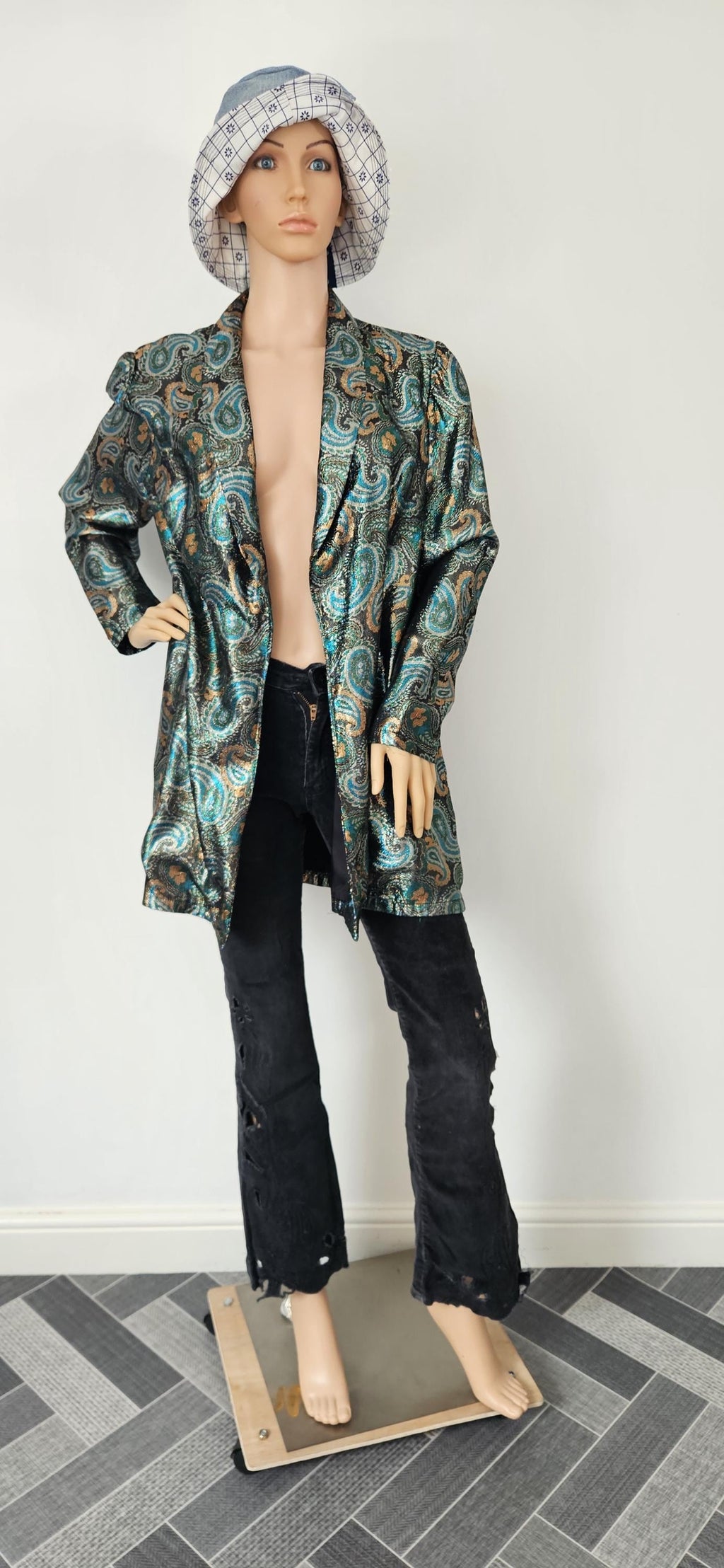 1970s Green & Gold Paisley Glitter Jacket Sz 14