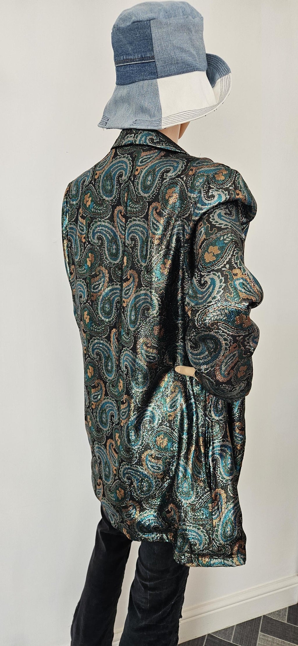 1970s Green & Gold Paisley Glitter Jacket Sz 14