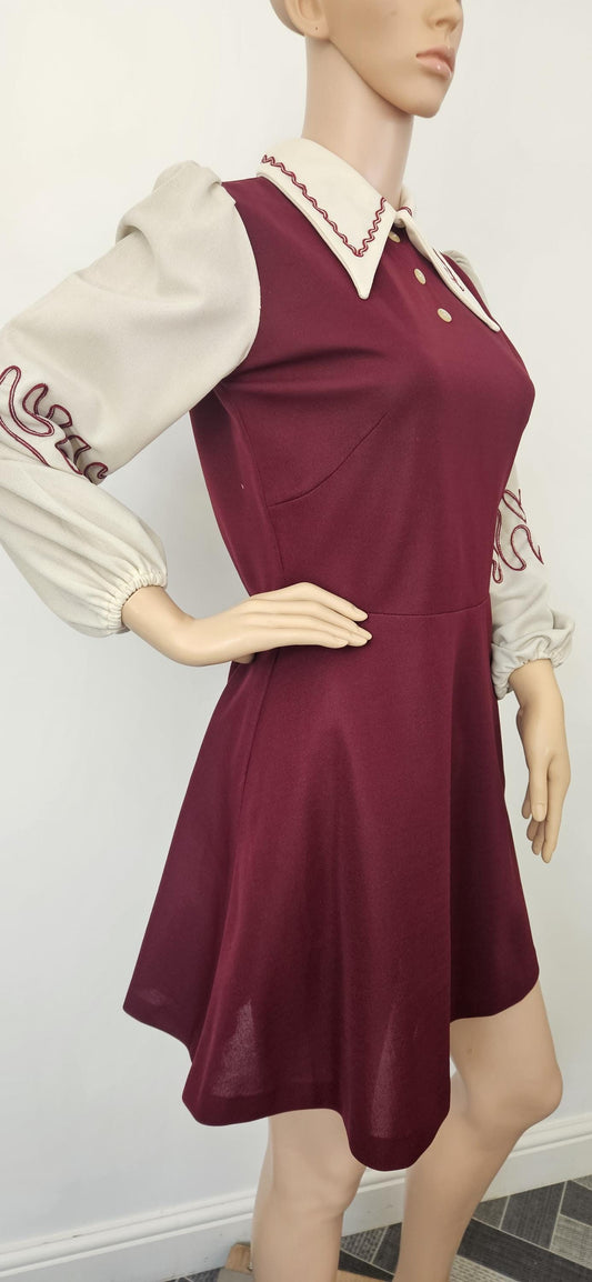 Vintage 1960s Burgundy Mini Dress Sz 12